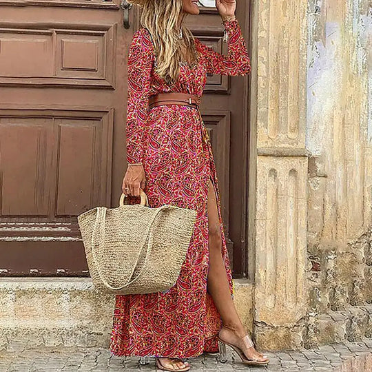 Vestido floral boêmio com decote em V