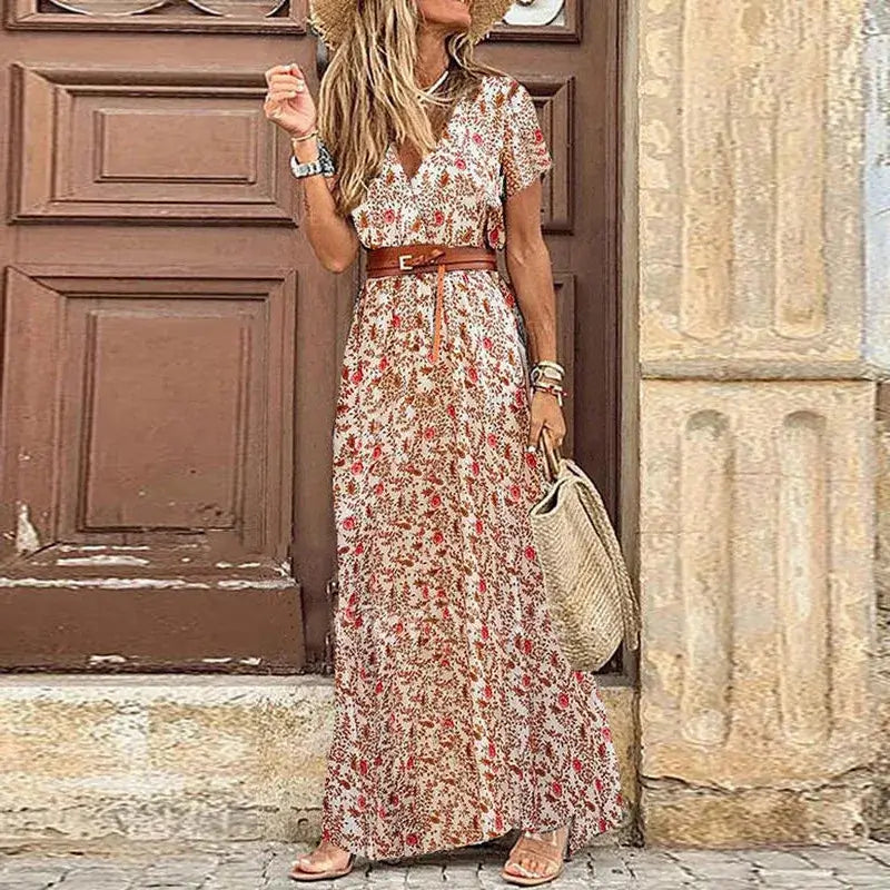 Vestido floral boêmio com decote em V