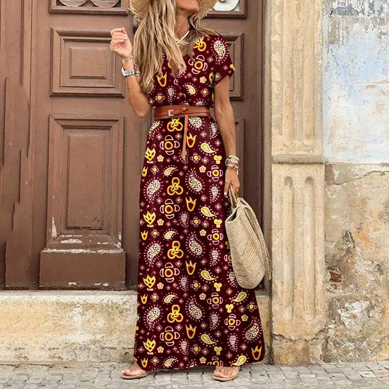 Vestido floral boêmio com decote em V